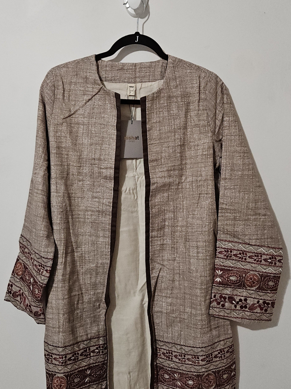 Embroidered Beige Long Coat Jacket